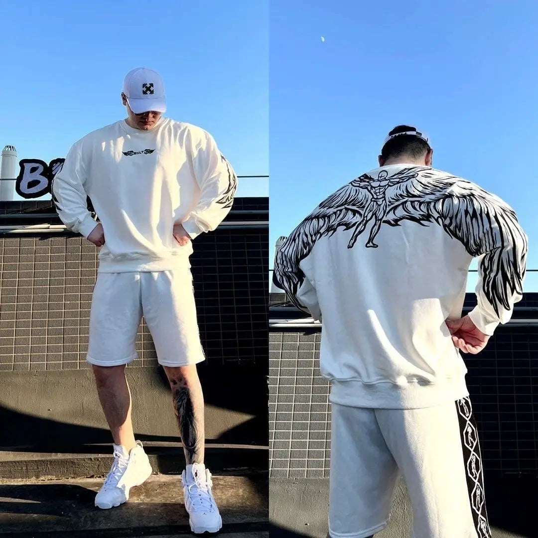 Threebooy Harajuku New Oversized Wing Pattern Round Neck Sweatshirt Men Clothing Casual Hip Hop Sports Long Sleeve Pullover Streetwear
