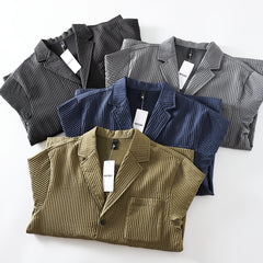 Threebooy Striped Pleated Shirt Jacket Advanced Lightweight Elastic Breathable Casual Suit Men Korean Elegant Thin Suit Three-button Coat