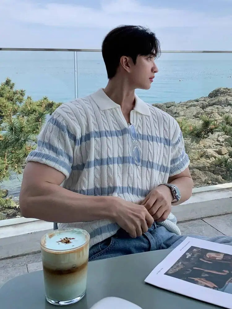 Threebooy 2025 Summer Simple Men's T-shirts Lapel Striped Button Design Knitted Clothing Short Sleeved Casual Male Tees Menswear
