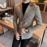 Threebooy Men's Double-Breasted Business Casual Suit Jacket with Plaid Patchwork Design, Men Blazer Slim Fit , Blazer Verde Hombre