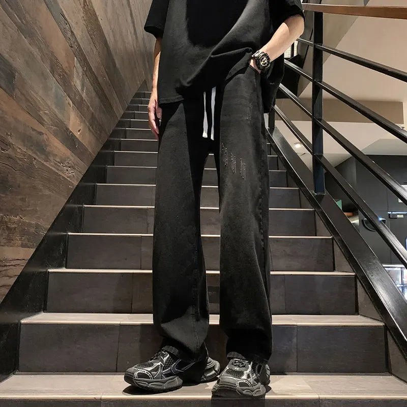 Threebooy  Straight Jeans men Elastic waist Spring New Vintage Casual Baggy Jeans Korean Youth Trousers Classic Wide Leg Denim Pants