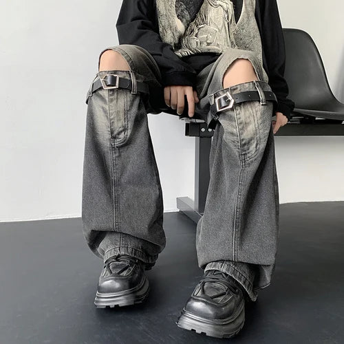 Threebooy Men's Jeans Retro Trousers Knee Holes Splicing High Street Loose Denim Trousers Flared Jeans Straps Cowboy Casual Long Pants