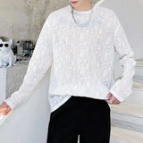 Threebooy Mens Sexy See-Through Lace Floral Long-Sleeved Top 2024 New Genderless Fashion Temperament French Retro Inner T-Shirt Unisex