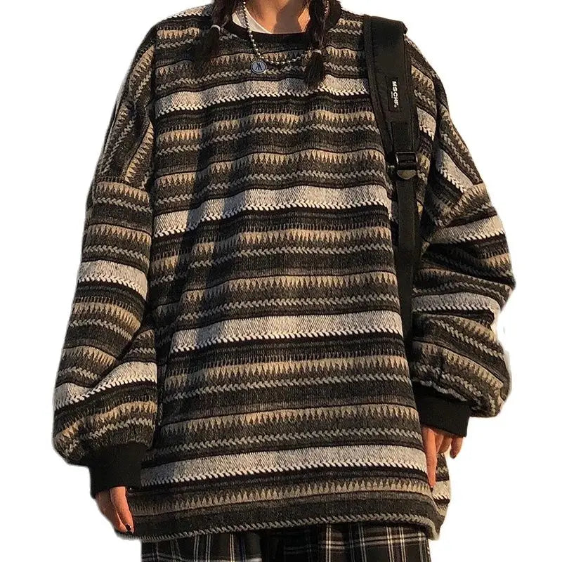 Threebooy Knitted Sweaters Women Oversized V Neck Striped Pullover Vintage Sweater Autumn Winter Retro Warm Jumper Harajuku Loose Sweater