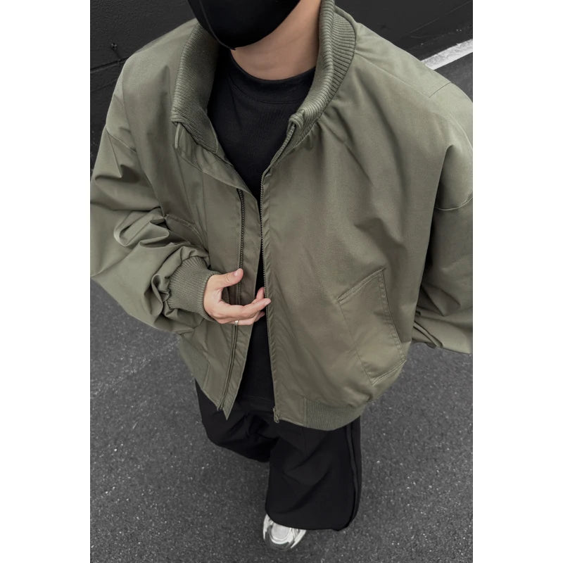 Threebooy  Jacket Mens Casual Jacket Solid Stand Collar Loose Fit Zipper Autumn Coat Ribbed Cuffs Relaxed Outerwear