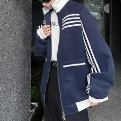 Threebooy  American Street Striped Contrast Color Stitching Zipper Cardigan Stand Collar Sweatshirt Men 2025 Spring Autumn New Y2k Jacket