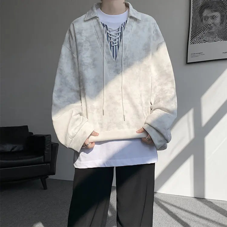Threebooy Collar Sweatshirt Mens Layered V Neck Pullover Fake Two Piece Streetwear Casual Hoodie Jacket Fall 2025 New Tie Dye Design