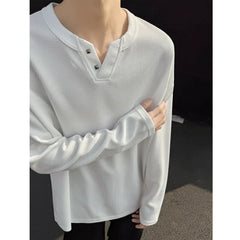 Threebooy Autumn White Long Sleeved T-shirt Men Fashion Black V-neck T-shirt Men Japanese Streetwear Hip-hop Loose Plaid T Shirt Mens Top