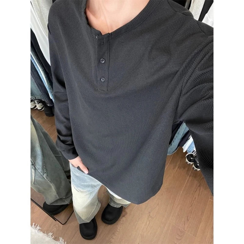 Threebooy  Men's Plus Size Button Street Casual Tops Spring Autumn Long Sleeve Solid Simplicity Korean T Shirts Fashion Harajuku Clothing