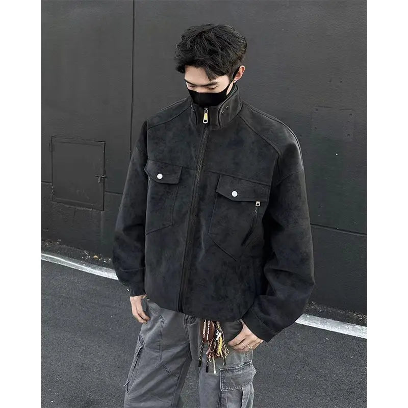 Threebooy Street Zipper Jacket High-end Handsome Stand-up Collar Coat American 2025 Retro Handsome Work Jacket Loose Top Urban