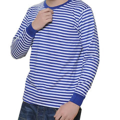 Threebooy  Long-sleeved Men's T-shirt Loose Retro Versatile Spring Autumn Clothes Blue White Striped Cotton Sailor Suit