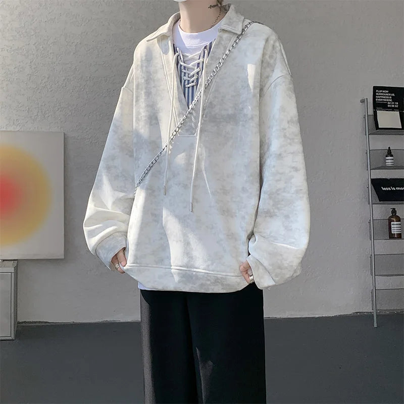 Threebooy Collar Sweatshirt Mens Layered V Neck Pullover Fake Two Piece Streetwear Casual Hoodie Jacket Fall 2025 New Tie Dye Design