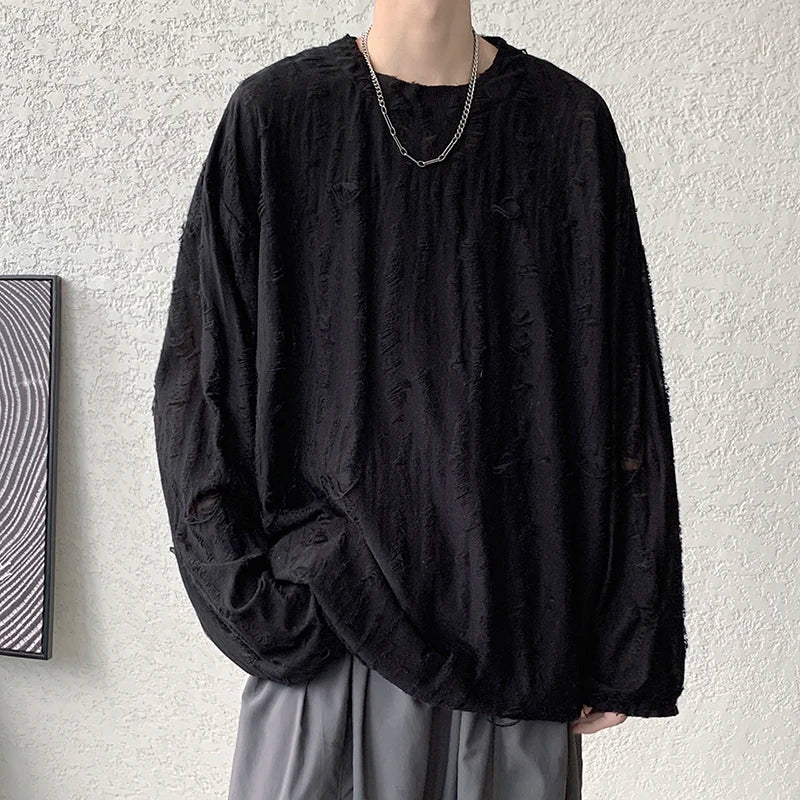 Threebooy Spring Summer Men Hole T Shirts Harajuku Hip Hop Long Sleeve Oversized Tshirts Male Korean Fashion Tee Tops Plus Size 3XL