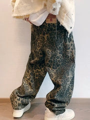 Threebooy  Autumn Tan Leopard Jeans Men Denim Pants Male Oversize Wide Leg Trousers Streetwear Hip Hop Vintage Loose Casual Animal Print