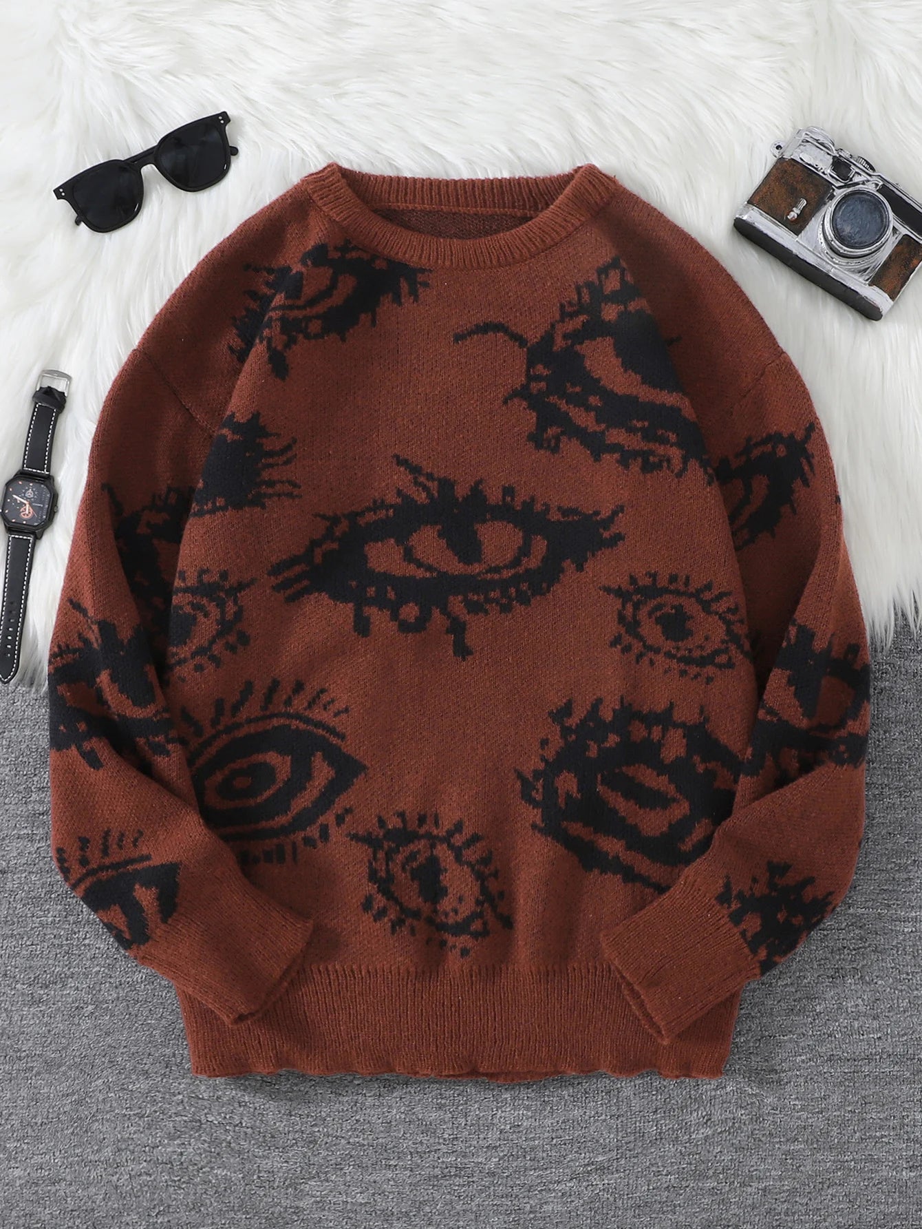 Threebooy  New Popular Autumn and Winter Abstract Eye Jacquard Pattern Pullover Sweater Casual Round Neck Knitted Men's Pullover