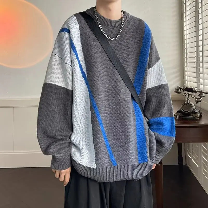 Threebooy Sweater Color Contrast Round Neck Sweater Loose and Handsome Casual Knitwear Hong Kong Style Youth Knitwear New Trend