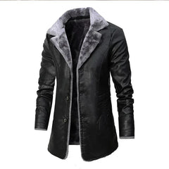 Threebooy Men Winter Long Thick Fleece PU Leather Jacket Mens Streetwear Casual Business Clothing Porcket Leather Jackets Coat Outwear Men