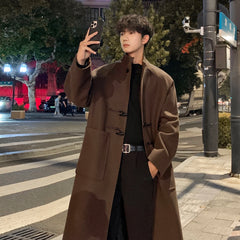 Threebooy Autumn Winter Men Horn Button Woolen Coat Mid Length Stand Collar Trench Coat Solid Color Big Pocket Overcoat Streetwear