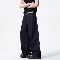 Threebooy Men Dark Blue Loose Drag Floor Length Jeans Classic Straight Leg Denim Pants Wholesale Hot Sale Minimalist Casual Streetwear