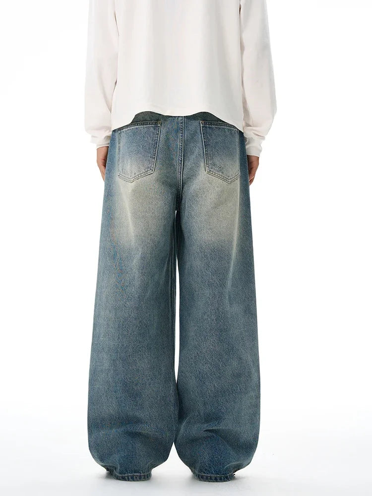 Threebooy 2025 Autumn Men's Wide-leg Jeans Comfortable Loose Casual Straight Trousers American Classic Retro Wash Cotton Denim Pants