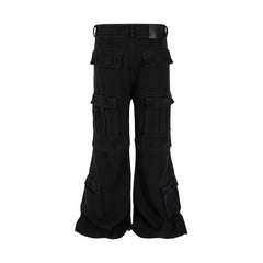 Threebooy High Street Multi-pockets Washed Black Cargo Pants Mens Straight Pleated Casual Baggy Overalls Oversized Loose Casual Trousers