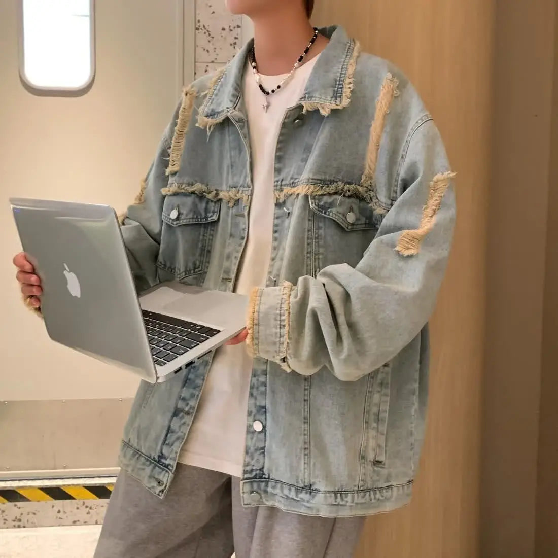 Threebooy  Men's Ripped Denim Jacket Autumn American Retro Washed Hip Hop Streetwear Cool Trendy Loose Casual Jacket Button Up Jeans Coat