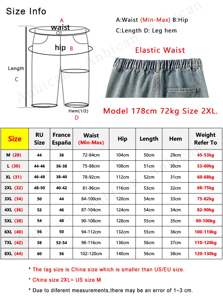 Threebooy  Men's Summer Denim Cargo Shorts Big Size 8XL 7XL 6XL Elastic Waist Straight Baggy Jeans Shorts