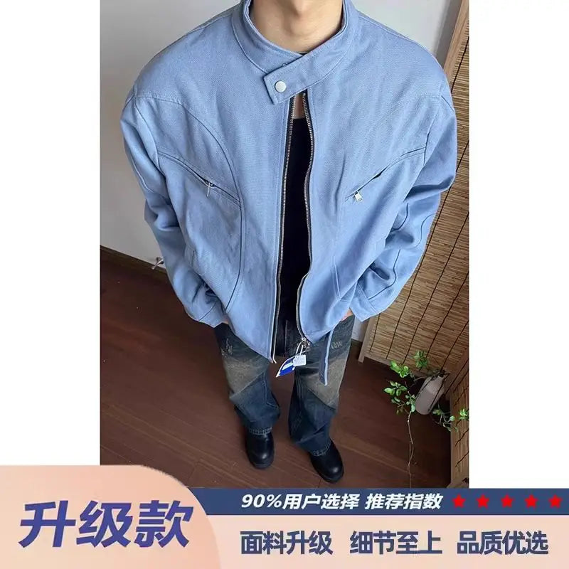 Threebooy Punk Spliced Jacket High-end Blue Short Work Cargo Coat Men's Handsome Trendy Solid Color Zipper Jacket All-match Top