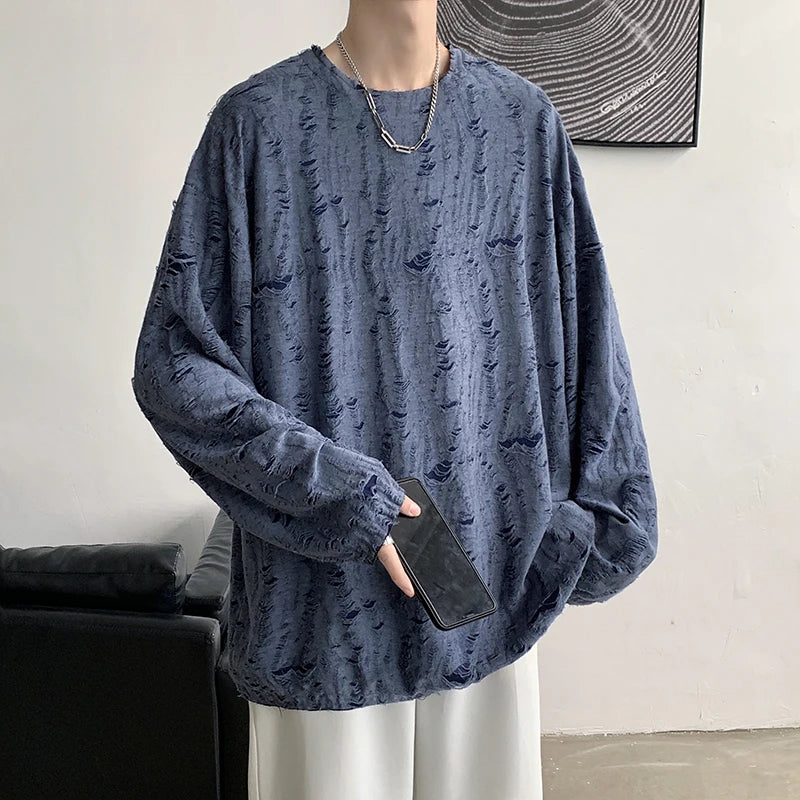 Threebooy Spring Summer Men Hole T Shirts Harajuku Hip Hop Long Sleeve Oversized Tshirts Male Korean Fashion Tee Tops Plus Size 3XL