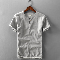 Threebooy  New Summer Men Linen Cotton T-shirt Casual Wash Round Neck Chinese Style Classic Comfortable Top Sold Color Short Sleeve T-Shirt