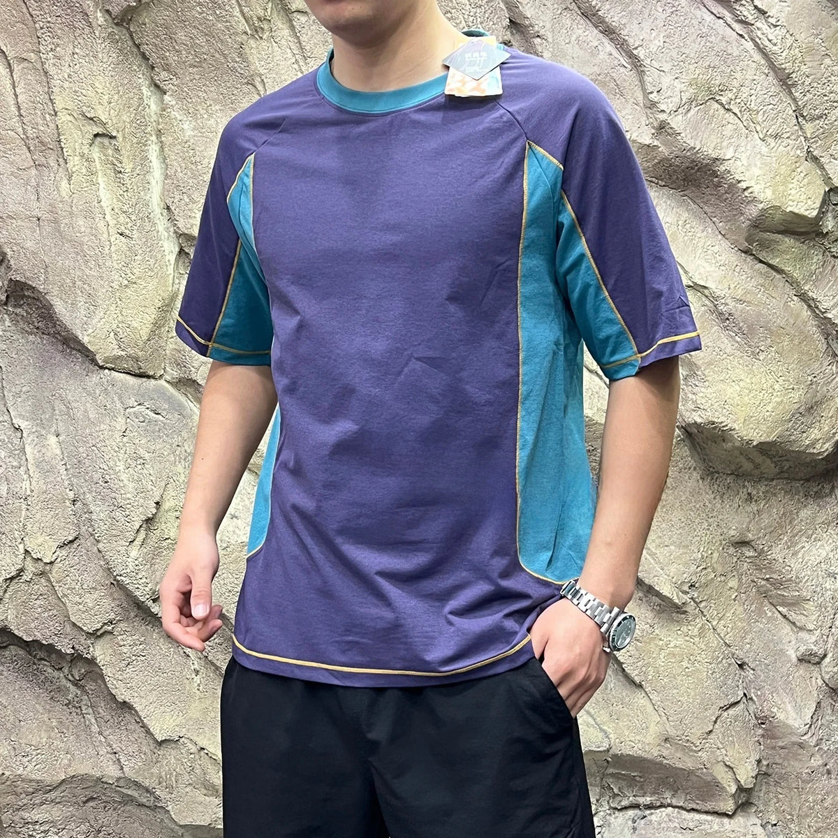 Threebooy  Couple's Style Retro Color Block Loose Fit Quick Dry Sweat Absorbent Outdoor Short Sleeve T-Shirt Breathable Sun Protection