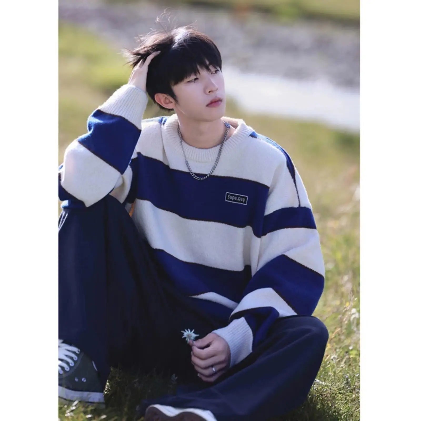 Threebooy  Hip Hop Korean Stripe Contrast Color Autumn and Winter New Fashion Sweater Men's Loose Relaxed Student Round Neck Lazy Style