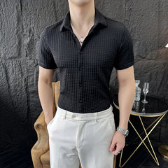 Threebooy  High Elastic Plaid Shirt for Men Summer Short Sleeved Casual Business Shirts Social Nightclubs Streetwear Shirts Men Clothing