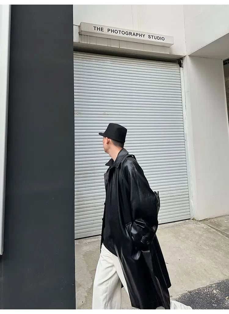 Threebooy 2025 Spring Pu Leather Jacket Men's Mid-length American Retro Long Jacket Lapel Button Coat Trendy Cityboy Windbreaker