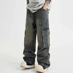 Threebooy Korean Style Large Pocket Workwear Jeans Retro Men'S Straight Leg Loose Wide Leg Pants High Street Hooligan Handsome Pants