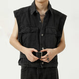 Threebooy High Street Street Korean Style Simple Denim Vest Jacket Men's Tide Brand Lapel Collar Distressed Denim Tooling Vest