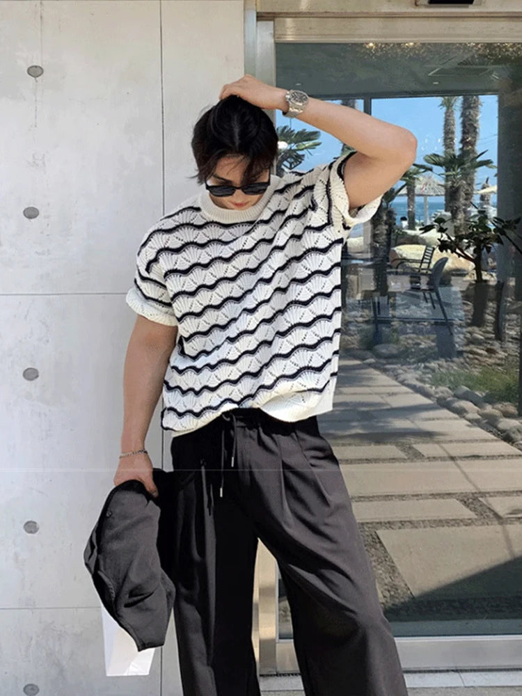 Threebooy  2025 Summer Men's Knit Jacquard Short Sleeve T-shirts Striped Hollow Out Casual Tshirts New Y2K Vintage Streetwear Tee Tops