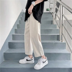 Threebooy  Loose Draped Men's Summer Hong Kong Style Korean Style Trendy Straight Trousers Versatile Solid Color Casual Nine-point Pants