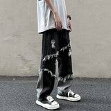 Threebooy American Style Fringed Denim Pant Tide Small Group Stitching Harajuku Wind Loose Stitching Burr High Street Casual Y2k Pants Men