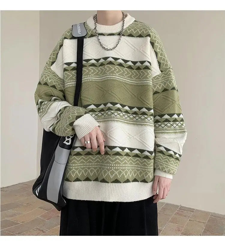 Threebooy Autumn and Winter Round Neck Sweater for Men Casual Trendy Brand Streamer Lazy Style Contrast Striped Knitted Sweater