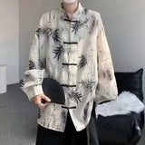 Threebooy Art Men Chinese Style Hanfu Tops Traditional Ethnic Kung Fu Trendy Shirt Sunscreen Clothing Bamboo Leaf Pan Button Printing Top