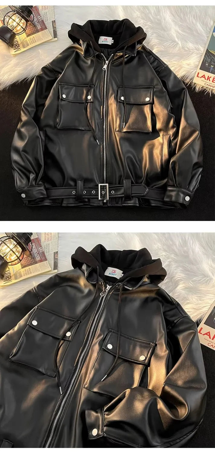 Threebooy Autumn and winter street style American men and women trendy personalized fake couple loose PU leather jacket casual top y2k
