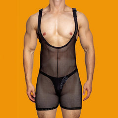 Threebooy Mens sexy tight-fitting solid color mesh see-through jumpsuit shaping breathable sexy suspenders home underwear for men