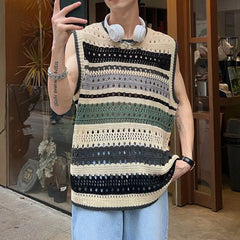 Threebooy Fashion Knitted Vest Y2k Streetwear Trend Hollow Sleeveless Top Men's Striped Contrast Color Loose Tank Tops Genderless Clothing