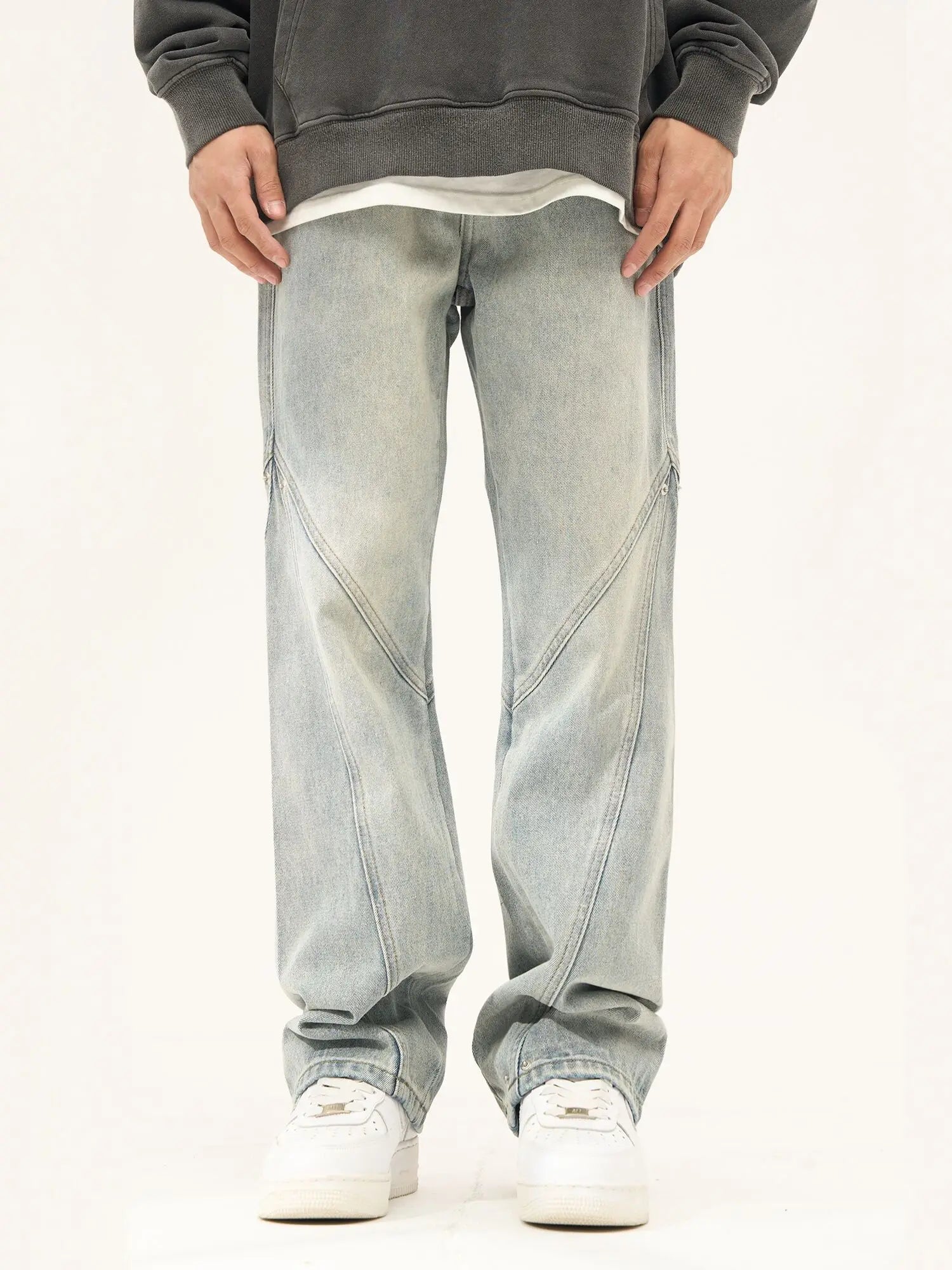 Threebooy American high street stitching light straight leg jeans with loose design and a sense of high-end hip-hop trendy pants