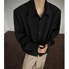 Threebooy Shirt men Korean Style Loose Fit Square Neck Plain Color Long Sleeve Shirt Man Autumn New Trendy Youth Dance Shirts Oversized