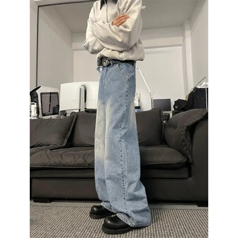 Threebooy  Jeans Men Loose Wide Leg Trousers Unisex low-rise jean Men's Denim Pants Old Blue Washed Male Jeans Straight Patchwork mop pants