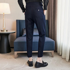 Threebooy Men Spring Summer Belt Decoration Casual Ankle Length Pants Fashion Slim Fit Suit Pants Streetwear Social Business Trousers