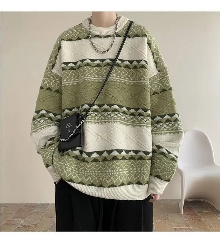 Threebooy Autumn and Winter Round Neck Sweater for Men Casual Trendy Brand Streamer Lazy Style Contrast Striped Knitted Sweater