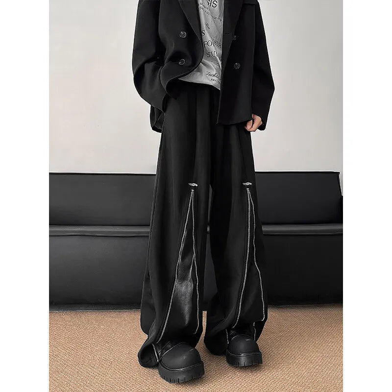 Threebooy PU Leather Patchwork Wide Leg Pants Men Zipper Hip Hop Fashion Harajuku High Street Loose Casual Pants Ropa Hombre